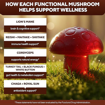 VitaUp Mushroom Supplement - USA Made 10 in 1 Mushroom Gummies - Mushroom Complex with Lions Mane, Cordyceps, Turkey Tail, Reishi, Shiitake for Cognitive & Immune Support - 60 Count