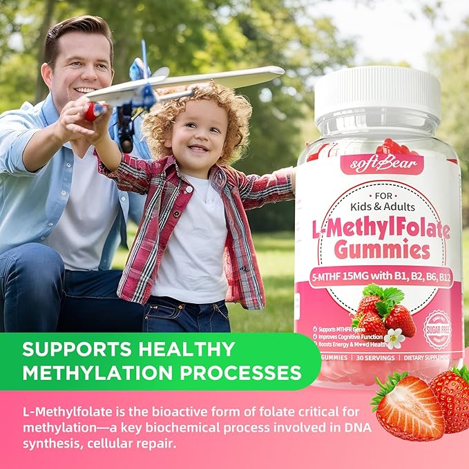 softbear L-Methylfolate 15mg Gummies for Kids & Adults, Organic Methylfolate Supplement 5-MTHF Plus Methyl B12, B1, B2, B6 Support MTHFR Gene, Cognition Function, Strawberry Flavor 60 Count