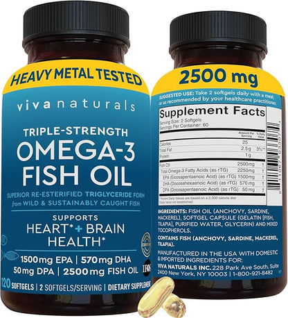 Viva Naturals Omega 3 Fish Oil Supplement for Women and Men - 2500 mg Triple Strength Fish Oil Pills with Re-Esterified Omega 3 Fatty Acids Including EPA, DHA DPA - 120 Pescatarian-Friendly Softgels