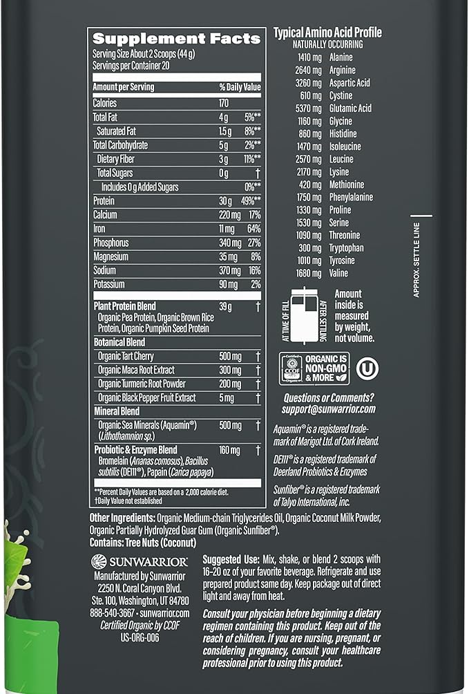 Sunwarrior Organic Plant Based Protein Powder | Vegan Organic Protein Powder with BCAA Amino Acids Plus Recovery Minerals & Botanicals | Non-GMO Soy Dairy & Gluten Free (Unflavored, 20 Servings)