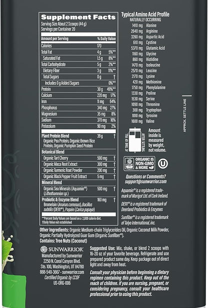 Sunwarrior Organic Plant Based Protein Powder | Vegan Organic Protein Powder with BCAA Amino Acids Plus Recovery Minerals & Botanicals | Non-GMO Soy Dairy & Gluten Free (Unflavored, 20 Servings)