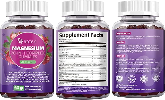Migcopat Magnesium Complex Gummies, 20 in 1 Magnesium Gummy with Glycinate Citrate Malate Taurate - Ashwagandha, L-Theanine, D3&Zinc for Relaxation, Sleep, Muscle&Heart Support, Strawberry, 60 Cts