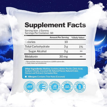 Melatonin 30mg Gummies for Adults (60 Servings) - Maximum Strength Sleep Support with 30mg of Melatonin Per Gummy - Gluten-Free, Sugar-Free, Non-GMO, 100% Vegetarian, Strawberry Flavor - 60 Gummies