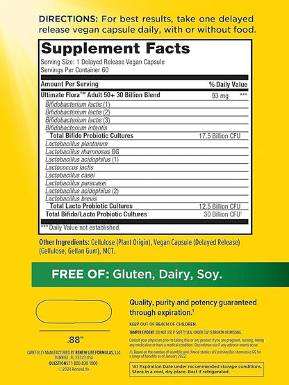Renew Life Probiotic Adult 50 Plus Probiotic Capsules, Daily Supplement Supports Urinary, Digestive and Immune Health, L. Rhamnosus GG, Dairy, Soy and gluten-free, 30 Billion CFU, 60 Count