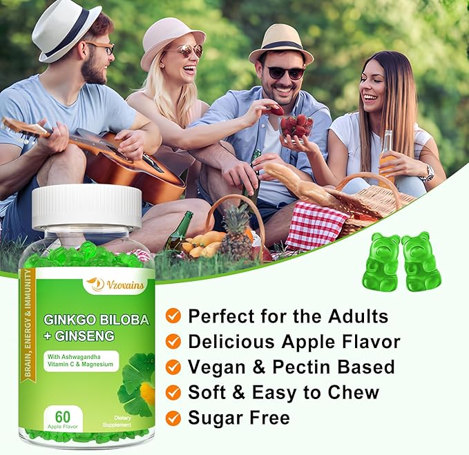 2 Packs 240mg Ginkgo Biloba Gummies, Supports Healthy Brain Function, Mood and Memory Support for Adults, 120 Cts