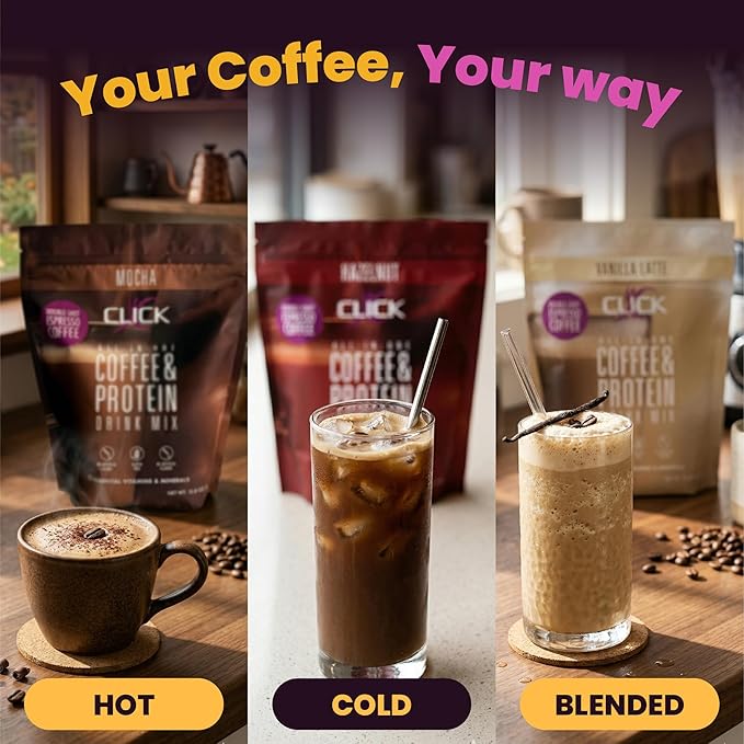 Click Coffee Protein, Protein & Real Coffee All-in-One, Meal Replacement Nutrition Drink, Mocha Flavor, 23 Essential Vitamins, Double Shot Espresso Coffee, Hot or Cold, 15.8-Ounce