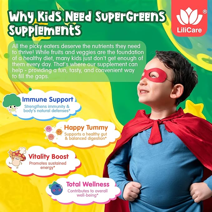 Kids Super Greens Gummies, Superfood Multivitamin for Kids, 20+ Veggie, Fruit, Vitamin, Mineral, Probiotic, Kids Vitamin Gummies for Growth, Immunity, Digestion, Picky Eater Approved, Sugar Free 2Pack