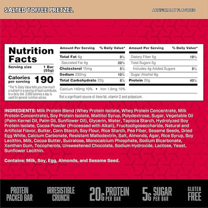 BSN Protein Crisp Bar, Salted Toffee Pretzel, 20 Gram Protein Snack Bars with Whey and Fiber, Gluten-Free Crunchy Energy Bars for Workout, Fitness, On-the-Go, 12 Count
