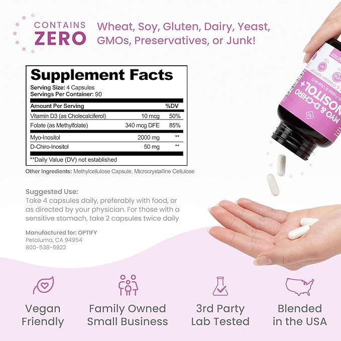 Optify Inositol Supplement for Women – 90-Day Supply – Myo-Inositol and D-Chiro Inositol with Folate and Vitamin D – 40:1 Ratio – Hormone Balance & Ovarian Support - 360 Capsules