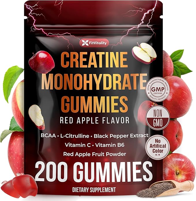 Premium 200 Gummies Creatine Gummies - Formulation with Creatine, Vitamin C & B6 - Vegan, Non-GMO, Sugar-Free, Red Apple Flavor