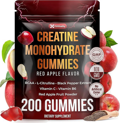 Premium 200 Gummies Creatine Gummies - Formulation with Creatine, Vitamin C & B6 - Vegan, Non-GMO, Sugar-Free, Red Apple Flavor