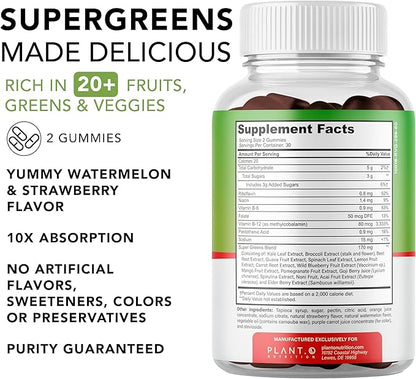 PLANT.O NUTRITION SuperGreens Gummies | Daily Greens Superfood with Fruits, Vegetables & Vitamins to Boost Immunity, Cognitive & Gut Health | Watermelon & Strawberry Flavor | 60 Super Gummies