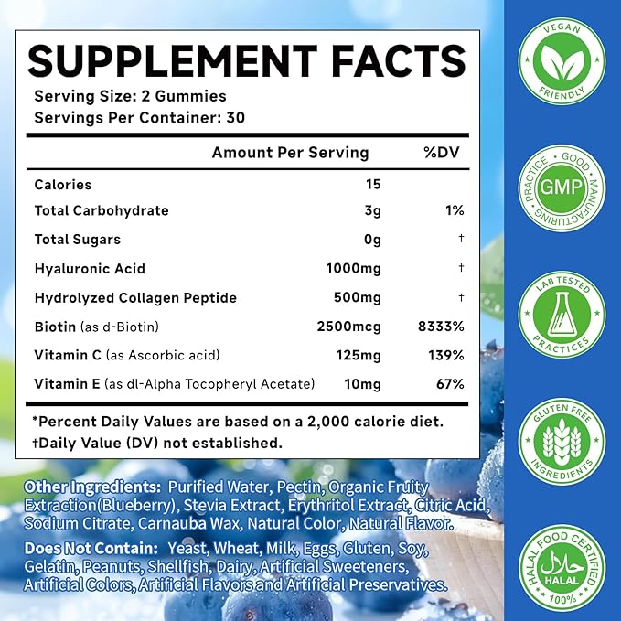 1000mg Hyaluronic Acid & Collagen Peptide Supplements with Biotin, Vitamins C & E - Hair Skin Nails Health Support for Men & Women, Blueberry Flavor, Gluten-Free 120 Gummies