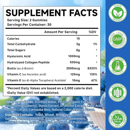 1000mg Hyaluronic Acid & Collagen Peptide Supplements with Biotin, Vitamins C & E - Hair Skin Nails Health Support for Men & Women, Blueberry Flavor, Gluten-Free 120 Gummies