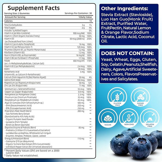 Mens Multivitamin Gummies for Men Daily - Zero Sugar Adult Gummy Vitamins with Saw Palmetto, Omega 3 DHA EPA, Probiotics 5B CFU, CoQ10, Turmeric Ginger for Prostate, Heart, Brain & Energy Support