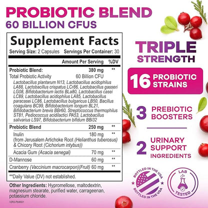 Probiotics 60 Billion CFU Per Serving for Women - 16 Unique Strains, Prebiotics Cranberry & Lactobacillus, PH Balance, Digestive & Gut Health, Vaginal & Immune Support, Women's Probiotic - 60 Capsules