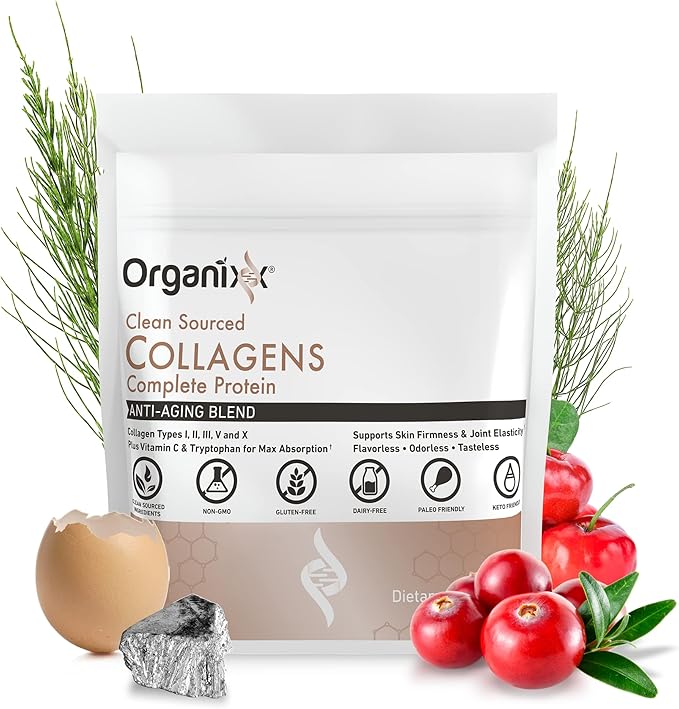 Organixx Clean Sourced Collagen Peptides Powder with Vitamin C, Types I, II, III, V, X Hydrolyzed Collagen, Hair, Nail, Skin, Bone & Joint Health, Aging Support, Gluten Free, Unflavored, 15 Servings
