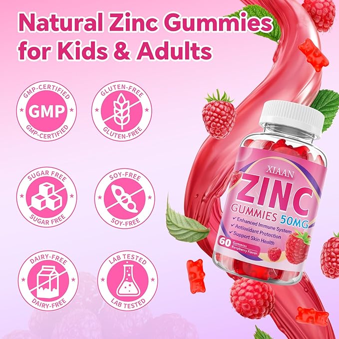 Zinc Gummies for Kids & Adults, Chewable Zinc Supplements for Women & Men Supports Immune System & Cellular Health & Antioxidant Protection, Vegan/Sugar-Free, Raspberry Flavor 120 Count