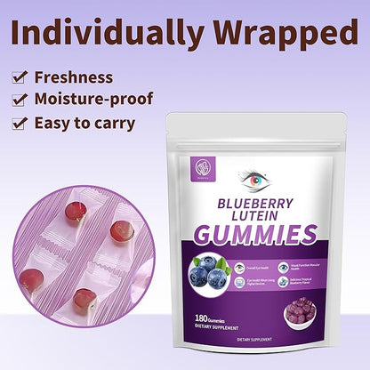 Hudetex Blueberry Lutein Eye Vitamins Gummies with 180 Count - 3 Month Supply, Vegan Eye Health Supplement for Kids and Adult, Lutein Gummies for Vision Clarity and Blue Light Support