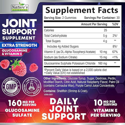 Joint Support Supplement - Extra Strength Glucosamine Gummy Supports Joints Health & Flexibility for Back, Knees, Hands - Natural Vitamin E Immune Support - Best Gummies for Women & Men - 60 Gummies