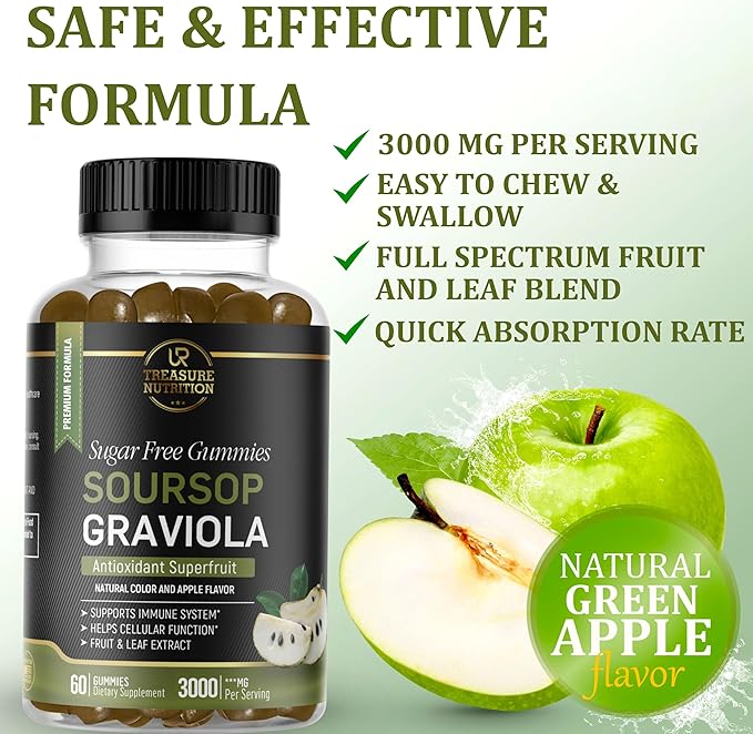 Soursop Leaves & Soursop Fruit Gummies - 3000mg Soursop Extract - 2 Pack Graviola Supplement - Soursop Fruit and Leaf - 120ct - Sugar-Free - Gluten Free – Non-GMO – Vegan Friendly