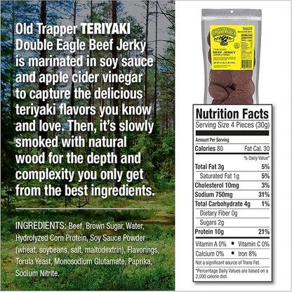Old Trapper Double Eagle Beef Jerky, Teriyaki Flavor, 21 Ounce Package, Natural Wood Smoked Meat Snacks, 10 Grams of Protein and 80 Calories per Serving (Pack of One)