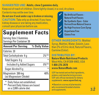 Nature Made Zero Sugar Magnesium Citrate Gummies 200 Mg Per Serving, Muscle & Bone Support, Aspartame Free, 40 Sugar Free High Absorption Magnesium Gummies, 20 Day Supply