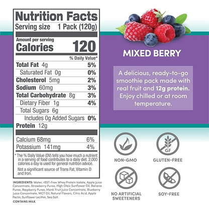 Designer Wellness Protein Smoothie, Real Fruit, 12g Protein, Low Carb, Zero Added Sugar, Gluten-Free, Non-GMO, No Artificial Colors or Flavors, Mixed Berry, 24 Count