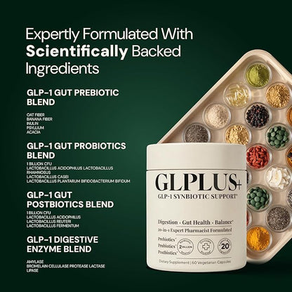 GLP-1 Support Supplement for Nausea, Bloating & Gut Health – Synbiotic Pre, Pro & Postbiotic for Women & Men for GLP-1 Users — Injection & Oral Users – Pharmacist Formulated, 20-in-1 (60 Capsules)