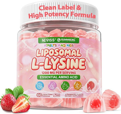 Liposomal L-Lysine Gummies 1200mg | High Absorption Immune & Skin Support | Vegan Amino Acid Supplement for Adults & Kids | Lips & Oral, Bone & Collagen Health | Non-GMO, Sugar-Free, 60 Gummies