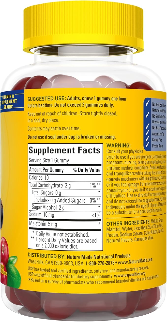 Nature Made Zero Sugar Melatonin 5mg Sleeping Gummies for Adults Extra Strength,100% Drug & Aspartame Free,70 Sugar-Free Melatonin Gummies,70 Day Supply,(Pack of 2)