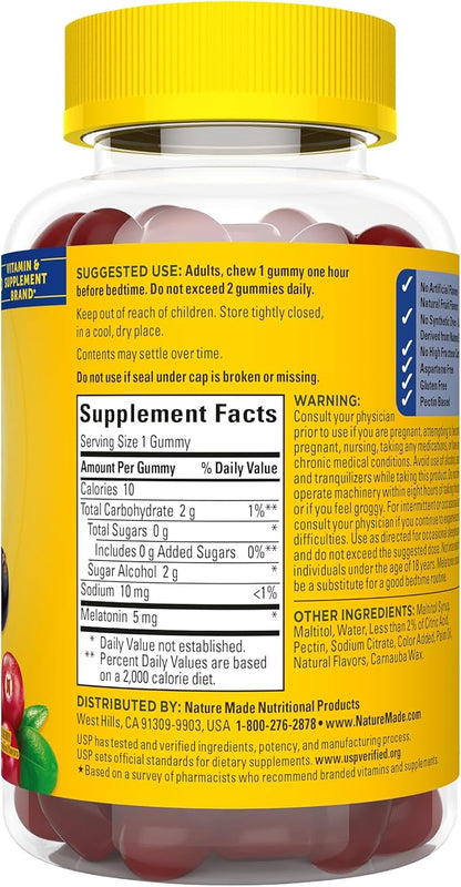 Nature Made Zero Sugar Melatonin 5mg Sleeping Gummies for Adults Extra Strength,100% Drug & Aspartame Free,70 Sugar-Free Melatonin Gummies,70 Day Supply,(Pack of 2)
