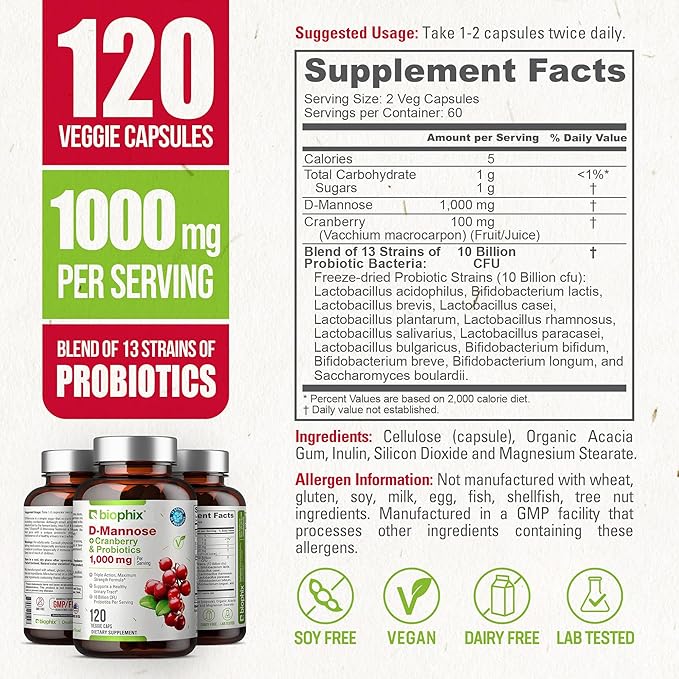 biophix D-Mannose 1000mg Capsules with Cranberry & Probiotics - D Mannose Supplements for Women - D-Mannose Pills for Urinary Tract & Bladder Health Support - Digestive Well-Being - 120 Vcaps 2 Pack