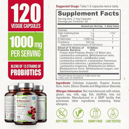 biophix D-Mannose 1000mg Capsules with Cranberry & Probiotics - D Mannose Supplements for Women - D-Mannose Pills for Urinary Tract & Bladder Health Support - Digestive Well-Being - 120 Vcaps 2 Pack