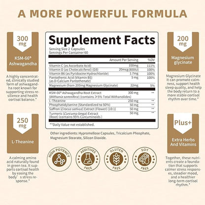 10-IN-1 Cortisol Supplements w/ KSM-66® Ashwagandha 300mg + L-Theanine 250mg, Magnesium Glycinate, Saffron, Phosphatidylserine, Turmeric & Vitamin C D3 B6 B5, For Women Men, 120 Capsules 60-Day Supply