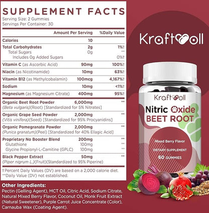 Nitric Oxide Beet Root Gummies with Grapeseed Powder, Pomegranate Powder, Vitamin C & B12 – Sugar-Free, Mixed Berry Flavor – 60 Gummies