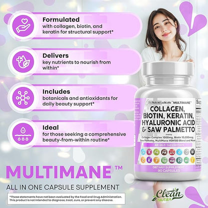 Clean Nutraceuticals Collagen Pills 1000mg Biotin 10000mcg Keratin Saw Palmetto Hyaluronic Acid - Hair Skin & Nails Vitamins & DHT Blocker (90 Count (Pack of 2))