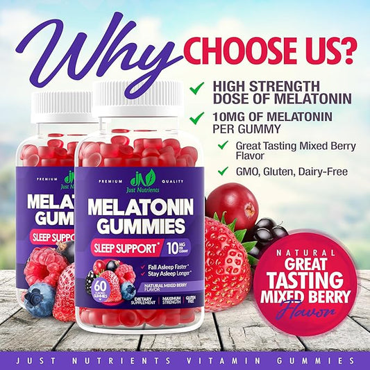 Melatonin 10mg Gummies with 10mg of Melatonin Per Gummy (60 Servings) - Maximum Strength Sleep Support for Adults - Gluten-Free, Non-GMO, Vegetarian, Great Tasting Mixed Berry Flavor - 60 Servings