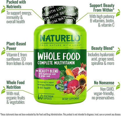 NATURELO Whole Food Multivitamin with Extra Hair, Skin and Nails Support - Beauty Blend with Hyaluronic Acid & Grape Seed - High Potency Biotin, Vitamin C, and Glutathione - 60 Vegan Capsules