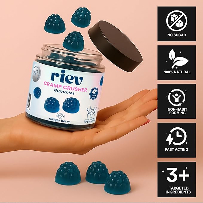 riev Cramp Crusher Gummies – Soothe the Cycle Storm, Natural Plant-Based Formula with Ginger, Dong Quai & Magnesium – Vegan, Non-GMO, No Sugar – Ginger Berry Flavor – 30 Gummies
