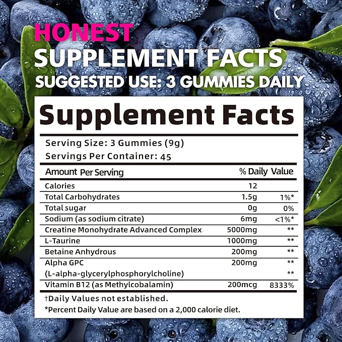 Creatine Monohydrate Gummies for Men & Women - 5g of Creatine Monohydrate per Serving - Sugar Free,Vegan, Strawberry Flavor, 135 Count (45 Servings).