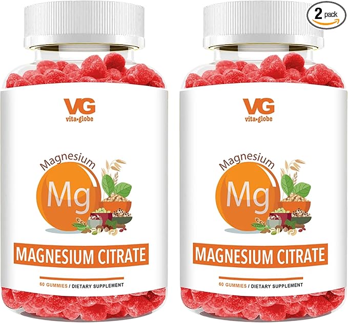 VITA GLOBE Magnesium Citrate Gummies 70mg, Relaxation, Muscle Recovery & Sleep Support, Magnesium Supplement, High Absorption, Vegan, Non-GMO, Bone & Energy, 2 Pack, 120 Count