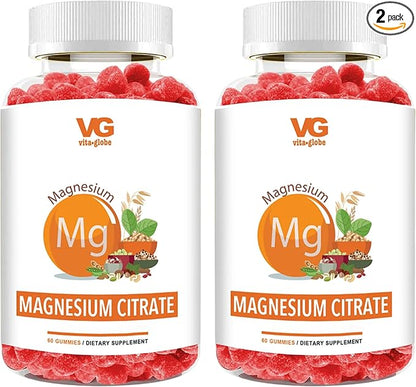 VITA GLOBE Magnesium Citrate Gummies 70mg, Relaxation, Muscle Recovery & Sleep Support, Magnesium Supplement, High Absorption, Vegan, Non-GMO, Bone & Energy, 2 Pack, 120 Count