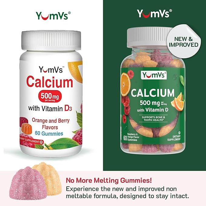 YUM-V'S Calcium 500mg with Vitamin D3 - Raspberry & Orange Flavor Calcium Vitamin D Gummies, Chewable Calcium Supplement for Kids & Adults, Vitamin D Calcium Gummies (60 Count (Pack of 2)