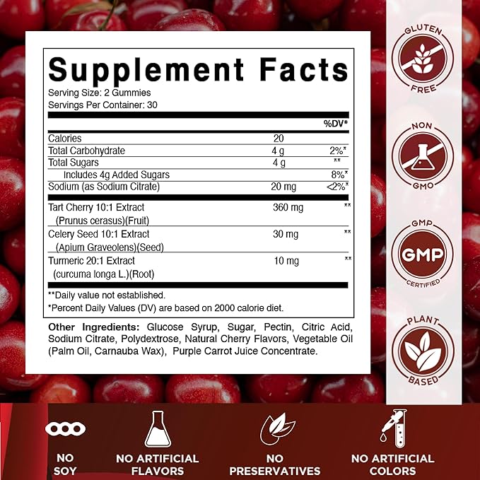 Vitamatic Tart Cherry (360 mg) with Celery Seed (30 mg) 10:1 Extract & Turmeric 20:1 Extract (10 mg) - (Per Serving/2 Gummies) - 60 Gummies (Pack of 2)