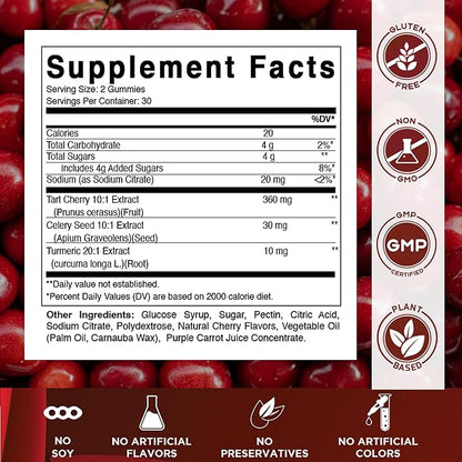 Vitamatic Tart Cherry (360 mg) with Celery Seed (30 mg) 10:1 Extract & Turmeric 20:1 Extract (10 mg) - (Per Serving/2 Gummies) - 60 Gummies (Pack of 2)