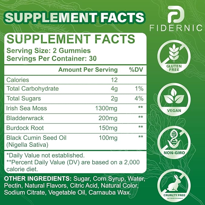 Sea Moss Gummies – Irish Sea Moss with Black Seed Oil, Bladderwrack, Burdock Root for Immune & Detox Support, Vegan Green Apple Flavor Gummies for Adults, Kids, Men, Women - 60 Gummies