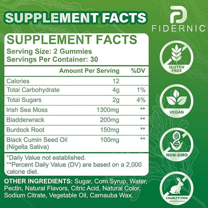 Sea Moss Gummies – Irish Sea Moss with Black Seed Oil, Bladderwrack, Burdock Root for Immune & Detox Support, Vegan Green Apple Flavor Gummies for Adults, Kids, Men, Women - 60 Gummies