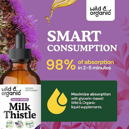 Wild & Organic Milk Thistle Liquid Drops - Liver Cleanse Detox - Silymarin Milk Thistle Supplement for Liver Support - Add to Tea - Silybum Marianum Seed Extract Tincture - Sugar & Alcohol-Free - 4 oz