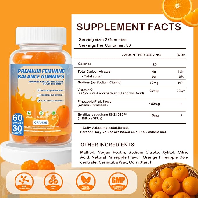 DEWANG Feminine Balance Gummies – Daily pH Balance & Vaginal Health Support, Probiotics for Womens Odor & Confidence Pineapple Flavor Vegan & Sugar-Free (Orange)